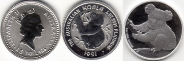 Australien Koala Platin und Silber-Münzen