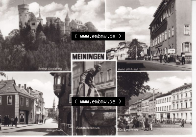 Ansichtskarte DDR Bezirk Suhl, Kreis Meiningen, Stadt Meiningen: Schloß Landsberg, Hotel Sächs. Hof, Georgstraße, Fischdiebbrunnen,... Sammlung
