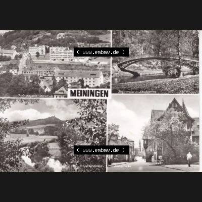 Ansichtskarte DDR Bezirk Suhl, Kreis Meiningen, Stadt Meiningen: Juri-Gagarin-Oberschule, Bogenbrücke im Schloßgarten, Schloß Landsberg, Georgstraße... Sammlung