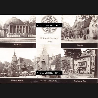 Ansichtskarte DDR Bezirk Gera, Stadtkreis Jena, Stadt Jena: Planetarium, Universität, Markt mit Rathaus Gasthaus zur Rose (1) Sammlung