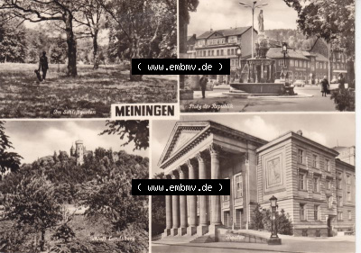 Ansichtskarte DDR Bezirk Suhl, Kreis Meiningen, Stadt Meiningen: Im Schloßgarten, Platz der Republik, Schloß Landsberg, Theater... Sammlung
