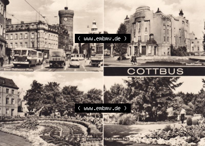 Ansichtskarte DDR Bezirk Cottbus, Kreis Cottbus, Stadt Cottbus: Ernst-Thälmann-Platz, Stadttheater, Blumenuhr (1) Sammlung