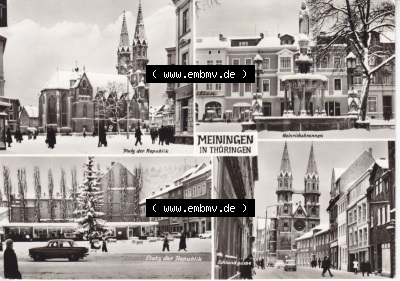 Ansichtskarte DDR Bezirk Suhl, Kreis Meiningen, Stadt Meiningen: Im Winter, Platz der Republik, Heinrichsbrunnen, Schlundgasse... Sammlung