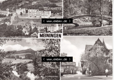 Ansichtskarte DDR Bezirk Suhl, Kreis Meiningen, Stadt Meiningen: Juri-Gagarin-Oberschule, Bogenbrücke im Schloßgarten, Schloß... Sammlung
