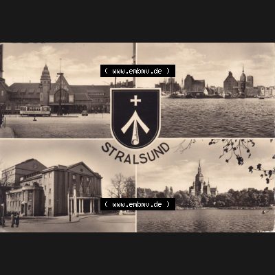 Ansichtskarte DDR Bezirk Rostock, Stadtkreis Stralsund, Hansestadt Stralsund: 1960, Wappen Stralsund, Heldge-Verlag KG, Köthen-Anhalt, Mehrbildkarte (1) Sammlung