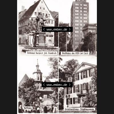 Ansichtskarte DDR Bezirk Gera, Stadtkreis Jena, Stadt Jena: Denkmal Kurfürst Johannes Friedrich, Hochhaus des VEB Carl Zeiß, Rathaus (1) Sammlung