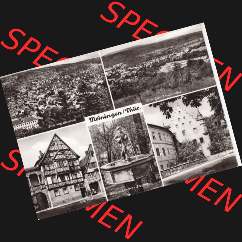 Ansichtskarte DDR Bezirk Suhl, Kreis Meiningen, Stadt Meiningen: Blick vom Bielstein, Blick zum Schwimmbad, Gänsemännchen-Brunnen, Am Schloß (1) Sammlung