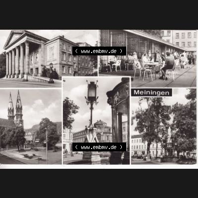 Ansichtskarte DDR Bezirk Suhl, Kreis Meiningen, Stadt Meiningen: Meiniger Theater, Cafe am Platz der Republik, Blick zur Post, Heinrichsbrunnen (1) Sammlung