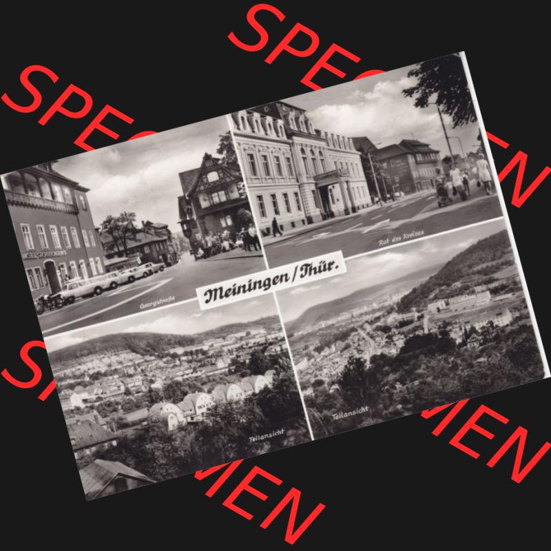 Ansichtskarte DDR Bezirk Suhl, Kreis Meiningen, Stadt Meiningen: 1975, Georgstraße, Rat des Kreises, Teilansichten (1) Sammlung
