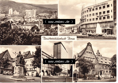 Ansichtskarte DDR Bezirk Gera, Stadtkreis Jena, Stadt Jena: Mehrbildkarte, Hotel International, Zeiss Hochhaus (1) Sammlung