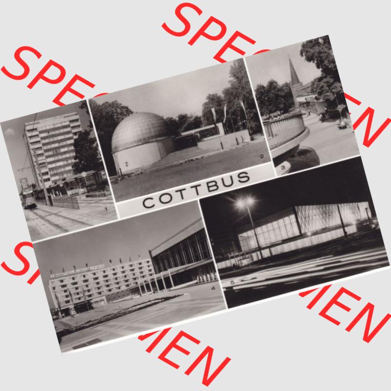 Ansichtskarte DDR Bezirk Cottbus, Kreis Cottbus, Stadt Cottbus: Zentrum, Raumflugplanetarium, HO-Gaststätte Am Stadttor, Hotel Lausitz, Stadthalle (1) Sammlung