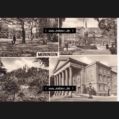 Ansichtskarte DDR Bezirk Suhl, Kreis Meiningen, Stadt Meiningen: Im Schloßgarten, Platz der Republik, Schloß Landsberg, Theater (1) Sammlung