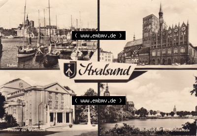 Ansichtskarte DDR Bezirk Rostock, Stadtkreis Stralsund, Hansestadt Stralsund: Mehrbildkarte, Hafen, Rathaus, Theater der Werftstadt,... Sammlung