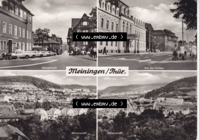 Ansichtskarte DDR Bezirk Suhl, Kreis Meiningen, Stadt Meiningen: 1975, Georgstraße, Rat des Kreises, Teilansichten (1) Sammlung