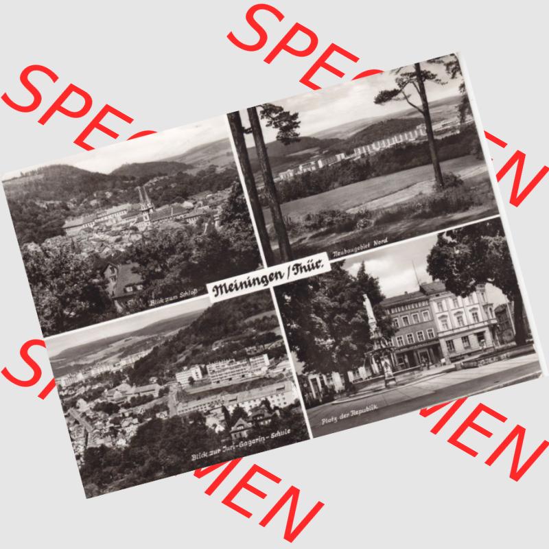 Ansichtskarte DDR Bezirk Suhl, Kreis Meiningen, Stadt Meiningen: Blick zum Schloß, Neubaugebiet Nord, Juri-Gagarin-Schule, Platz der Republik (1) Sammlung