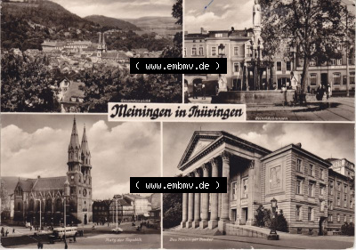 Ansichtskarte DDR Bezirk Suhl, Kreis Meiningen, Stadt Meiningen: 1975, Gesamtansicht, Heinrichsbrunnen, Platz der Republik, Das... Sammlung