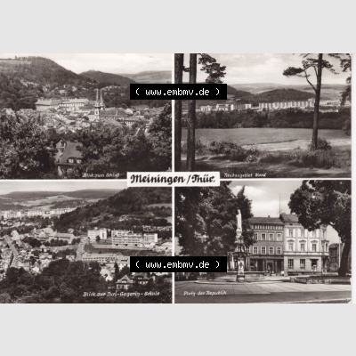 Ansichtskarte DDR Bezirk Suhl, Kreis Meiningen, Stadt Meiningen: Blick zum Schloß, Neubaugebiet Nord, Juri-Gagarin-Schule, Platz der Republik (1) Sammlung