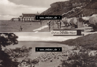 Ansichtskarte DDR Bezirk Rostock, Kreis Rügen, Ostseebad Sellin: Heldge-Verlag KG, Köthen-Anhalt, Blicj zur Seebrücke, Fischerstrand... Sammlung