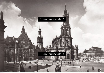 Ansichtskarte DDR Bezirk Dresden, Kreis Dresden, Stadt Dresden: Georgentor, Hofkirche und Oper, Brühlschen Terrasse (1) Sammlung