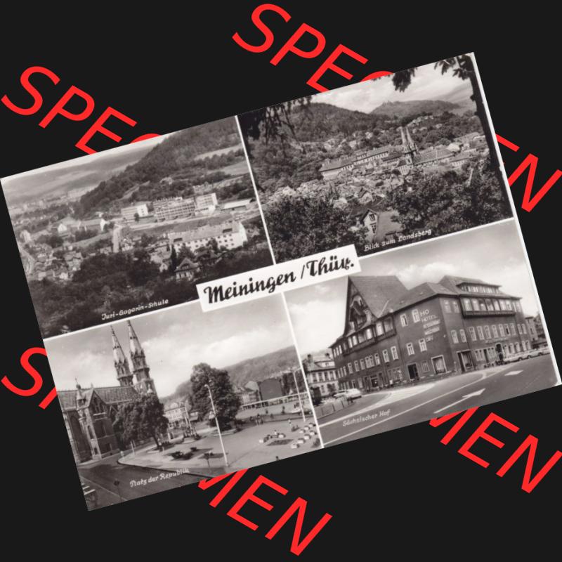 Ansichtskarte DDR Bezirk Suhl, Kreis Meiningen, Stadt Meiningen: 1978, Juri-Gagarin-Schule, Blick zum Landsberg, Platz der Republik, Sächsischer Hof (1) Sammlung