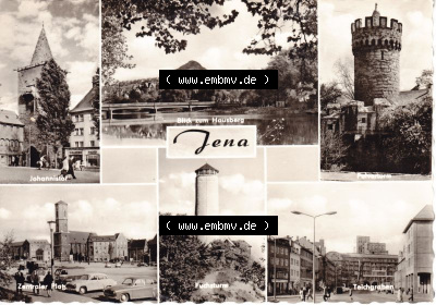Ansichtskarte DDR Bezirk Gera, Stadtkreis Jena, Stadt Jena: Johannestor, Hausberg, Pulverturm, Zentraler Platz (1) Sammlung