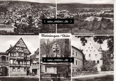 Ansichtskarte DDR Bezirk Suhl, Kreis Meiningen, Stadt Meiningen: Blick vom Bielstein, Blick zum Schwimmbad, Gänsemännchen-Brunnen,... Sammlung