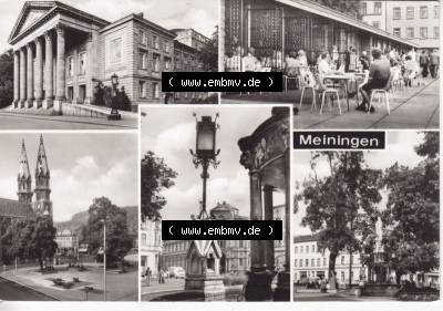 Ansichtskarte DDR Bezirk Suhl, Kreis Meiningen, Stadt Meiningen: Meiniger Theater, Cafe am Platz der Republik, Blick zur Post,... Sammlung