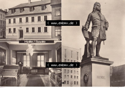 Ansichtskarte DDR Bezirk Halle, Stadtkreis Halle, Stadt Halle: Händelhaus, Englandzimmer, Händel-Denkmal (1) Sammlung
