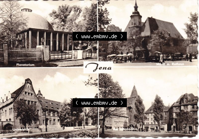Ansichtskarte DDR Bezirk Gera, Stadtkreis Jena, Stadt Jena: Planetarium, Universität, Markt mit Rathaus (1) Sammlung