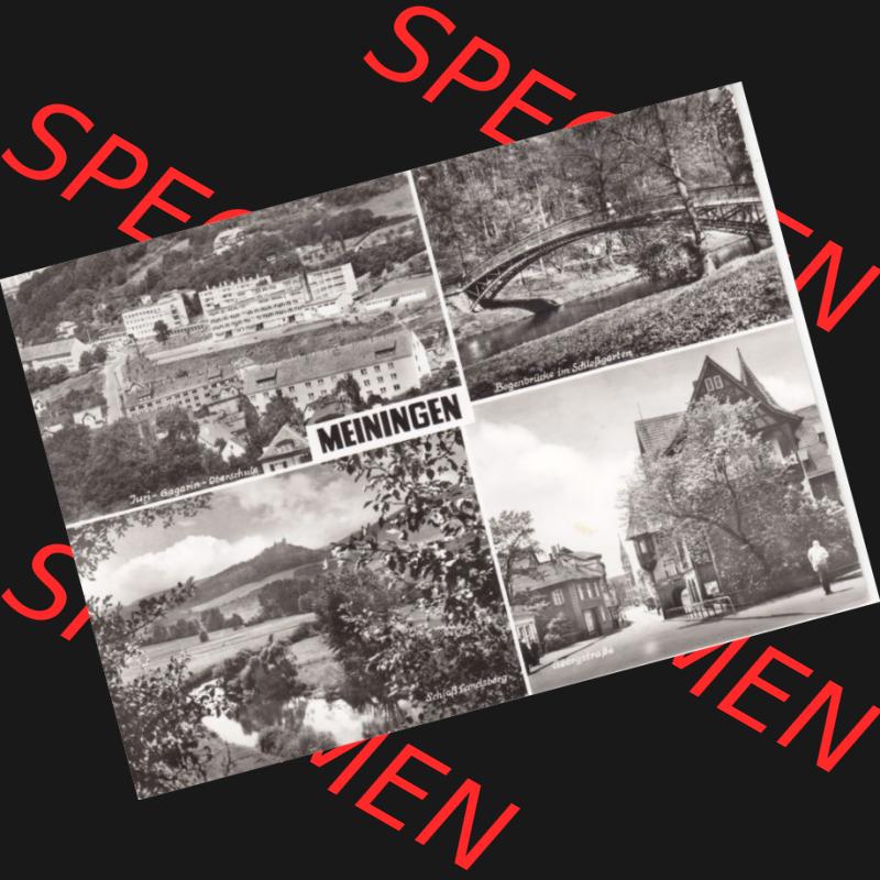 Ansichtskarte DDR Bezirk Suhl, Kreis Meiningen, Stadt Meiningen: Juri-Gagarin-Oberschule, Bogenbrücke im Schloßgarten, Schloß Landsberg, Georgstraße... Sammlung
