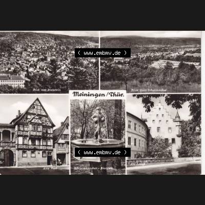 Ansichtskarte DDR Bezirk Suhl, Kreis Meiningen, Stadt Meiningen: Blick vom Bielstein, Blick zum Schwimmbad, Gänsemännchen-Brunnen, Am Schloß (1) Sammlung