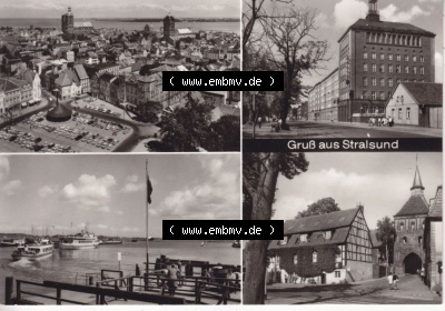 Ansichtskarte DDR Bezirk Rostock, Stadtkreis Stralsund, Hansestadt Stralsund: Gruß aus Stralsund, Am Hafen, Hotel Baltic, Kütertor,... Sammlung