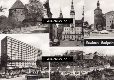 Ansichtskarte DDR Bezirk Dresden, Kreis Bautzen, Stadt Bautzen: In s/w Schwarzweiß Postkarte Jugendherberge, Rathaus, Lauenturm,... Sammlung