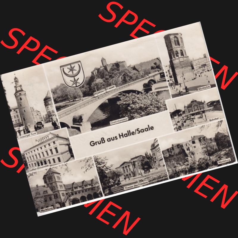 Ansichtskarte DDR Bezirk Halle, Stadtkreis Halle? Unbekannt: In s/w Schwarzweiß Mehrbildkarte, Leipziger Turm, Giebichenstein, Marktplatz, Bahnhof (1) Sammlung