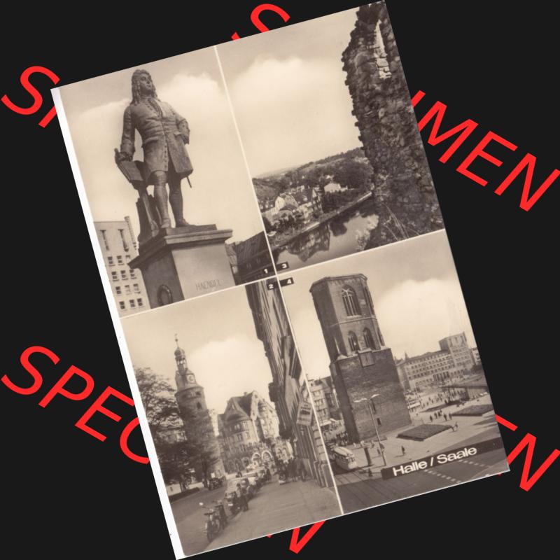 Ansichtskarte DDR Bezirk Halle, Stadtkreis Halle? Unbekannt: In s/w Schwarzweiß Händel-Denkmal Blick vpn Burgruine Giebichenstein (1) Sammlung