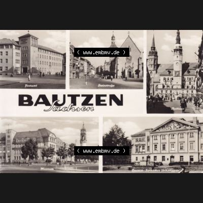 Ansichtskarte DDR Bezirk Dresden, Kreis Bautzen, Stadt Bautzen: In s/w Schwarzweiß Postkarte 1970, Postamt, Steinstraße, Rathaus, Museum,... Sammlung