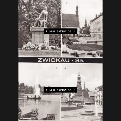 Ansichtskarte Bezirk Karl-Marx-Stadt, Landkreis Zwickau-Land, Stadt Zwickau der DDR 1987, Mehrbildkarte Robert-Schumann-Denkmal, Neuberinplatz, Schwanenteich und Hauptmarkt.... Sammlung