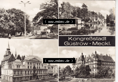 Ansichtskarte Bezirk Bezirk Schwerin, Kreis Güstrow, Stadt-Güstrow 197x, Bahnhof, Am Fährkrug, Rathaus, Schloß (1) Sammlung