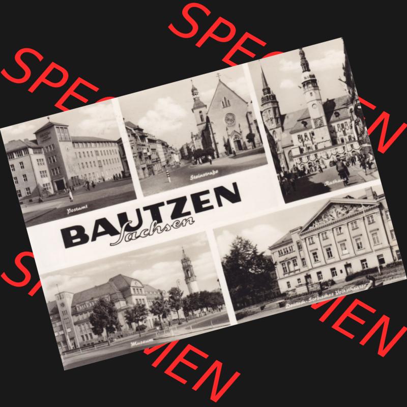 Ansichtskarte DDR Bezirk Dresden, Kreis Bautzen, Stadt Bautzen: In s/w Schwarzweiß Postkarte 1970, Postamt, Steinstraße, Rathaus, Museum,... Sammlung