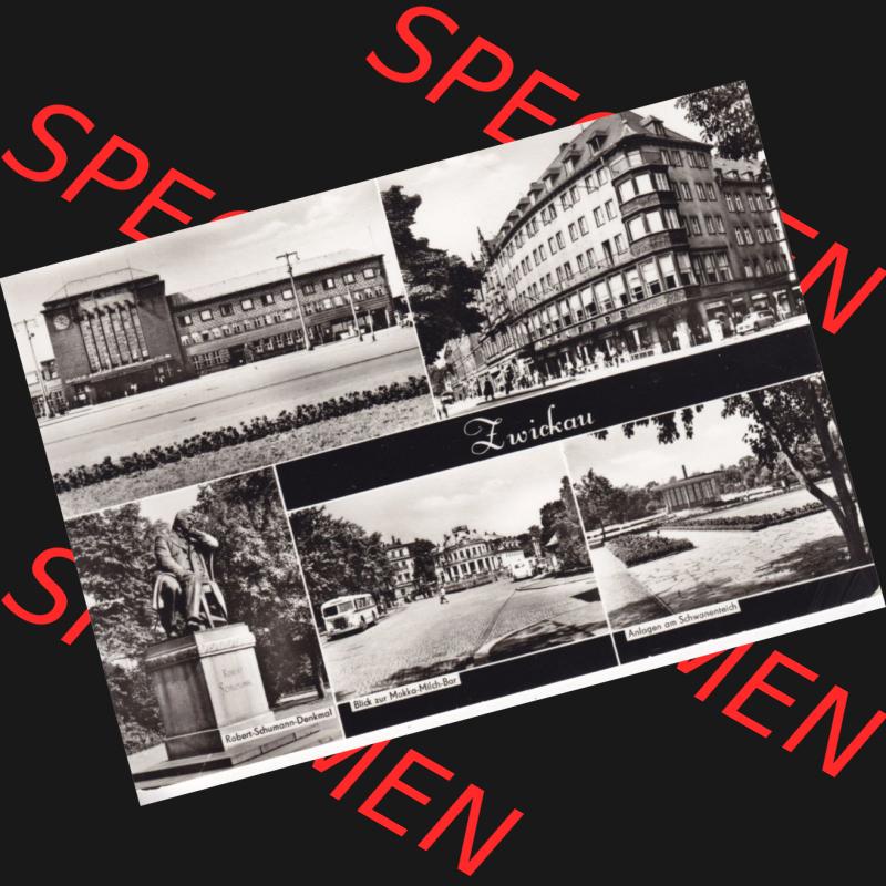 Ansichtskarte Bezirk Karl-Marx-Stadt, Landkreis Zwickau-Land, Stadt Zwickau der DDR 1984, Robert-Schumann-Denkmal, Blick zur Mokko-Milch-Bar, Anlagen am Schwanenteich.... Sammlung