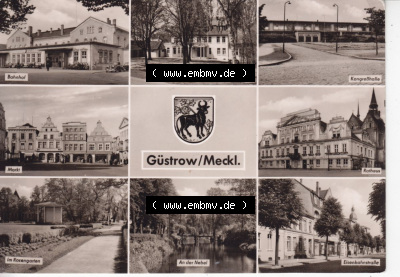 Ansichtskarte Bezirk Bezirk Schwerin, Kreis Güstrow, Stadt-Güstrow Bahnhof, Kurhaus am Inselsee, Kongreßhalle, Markt, Rathaus,... Sammlung