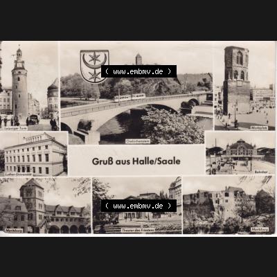 Ansichtskarte DDR Bezirk Halle, Stadtkreis Halle? Unbekannt: In s/w Schwarzweiß Mehrbildkarte, Leipziger Turm, Giebichenstein, Marktplatz, Bahnhof (1) Sammlung