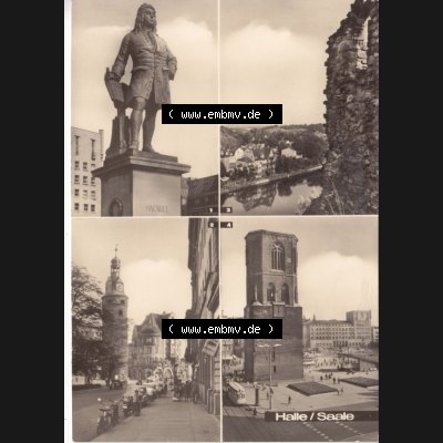 Ansichtskarte DDR Bezirk Halle, Stadtkreis Halle? Unbekannt: In s/w Schwarzweiß Händel-Denkmal Blick vpn Burgruine Giebichenstein (1) Sammlung