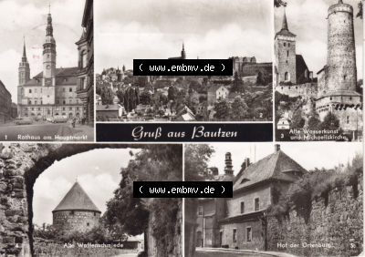 Ansichtskarte DDR Bezirk Dresden, Kreis Bautzen, Stadt Bautzen: In s/w Schwarzweiß Postkarte Rathaus am Hauptmarkt, Alte Wasserkunst,... Sammlung