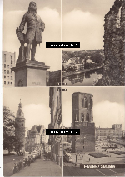 Ansichtskarte DDR Bezirk Halle, Stadtkreis Halle? Unbekannt: In s/w Schwarzweiß Händel-Denkmal Blick vpn Burgruine Giebichenstein... Sammlung