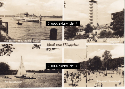 Ansichtskarte DDR Bezirk Berlin, Stadt Berlin: In s/w Schwarzweiß Postkarte Gruß vom Muggelsee, M.S. Bertolt Brecht, Am Spreetunnel,... Sammlung