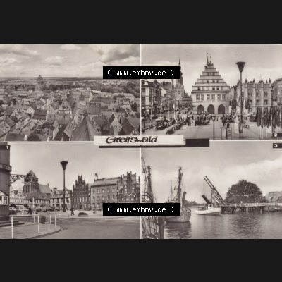 Ansichtskarte DDR Bezirk Rostock, Kreis Greifswald unsortiert Platz der Freundschaft mit Rathaus, Hafen. Ansichtskarte bzw. Postkarte in schwarzweiß - s/w aus DDR-Zeiten... Sammlung