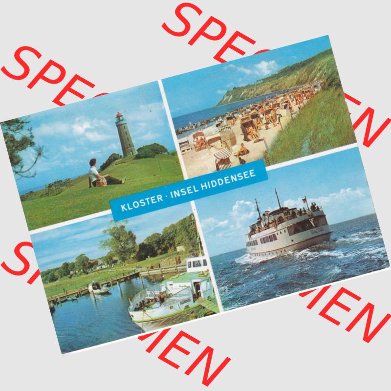 Ansichtskarte DDR Bezirk Rostock, Kreis Rügen, Insel und Gemeinde Hiddensee Kloster Insel Hiddensee, Leuchtturm am Strand, Am Hafen, Mehrbildkarte, ungelaufen,... Sammlung