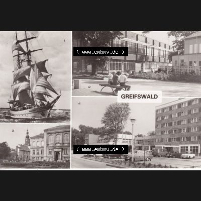Ansichtskarte DDR Bezirk Rostock, Kreis Greifswald unsortiert 1983, Segelschulschiff Wilhelm Pieck, Neue Mensa, Hotel Boddenhaus. Ansichtskarte bzw. Postkarte in schwarzweiß... Sammlung
