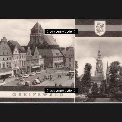 Ansichtskarte DDR Bezirk Rostock, Kreis Greifswald unsortiert Markt und St. Nikolaikirche. Ansichtskarte bzw. Postkarte in schwarzweiß - s/w aus DDR-Zeiten der Deutschen... Sammlung